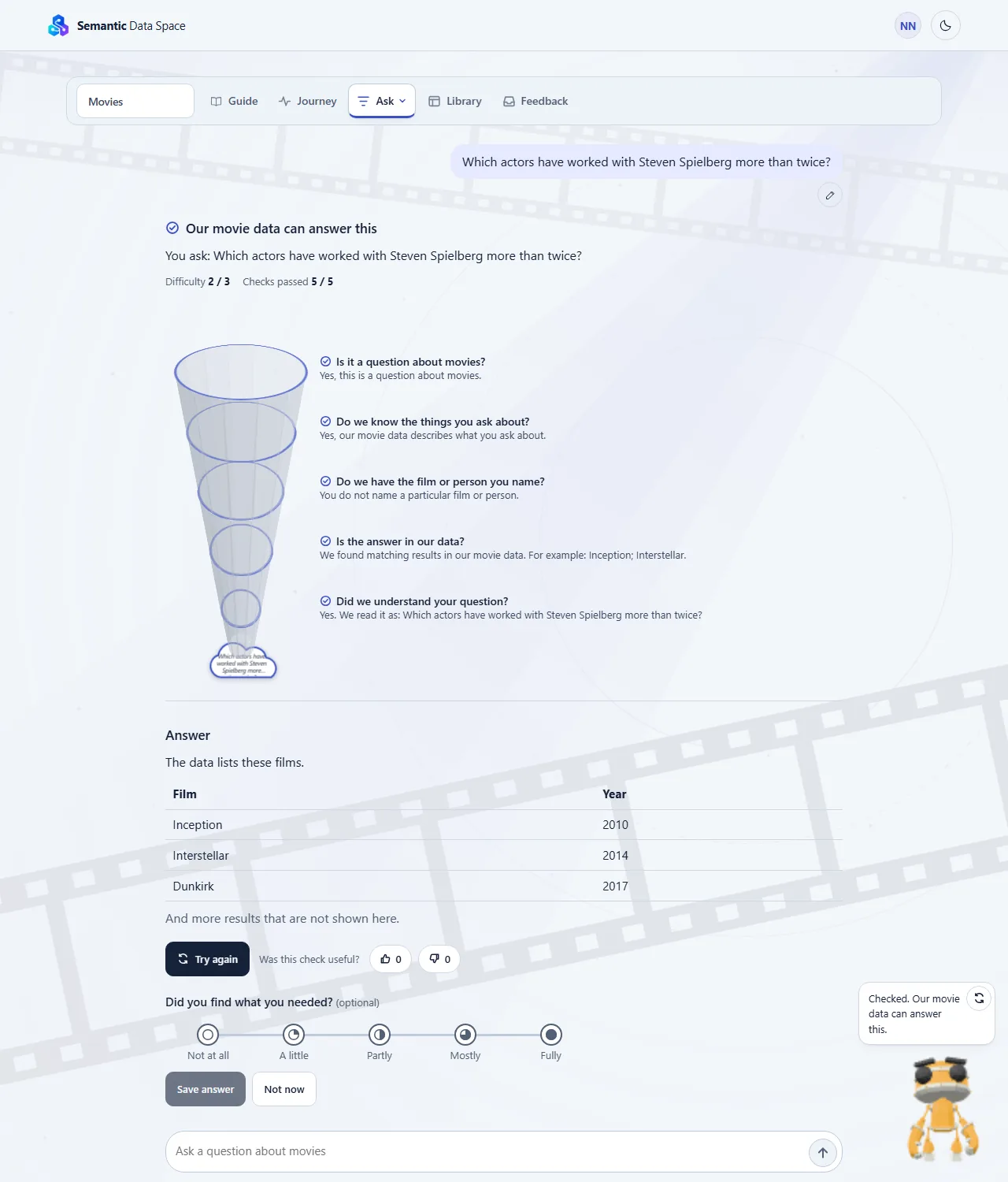 The reply to a question: the top line, the two numbers, the funnel with five layers, the thumbs and the short question under your own result