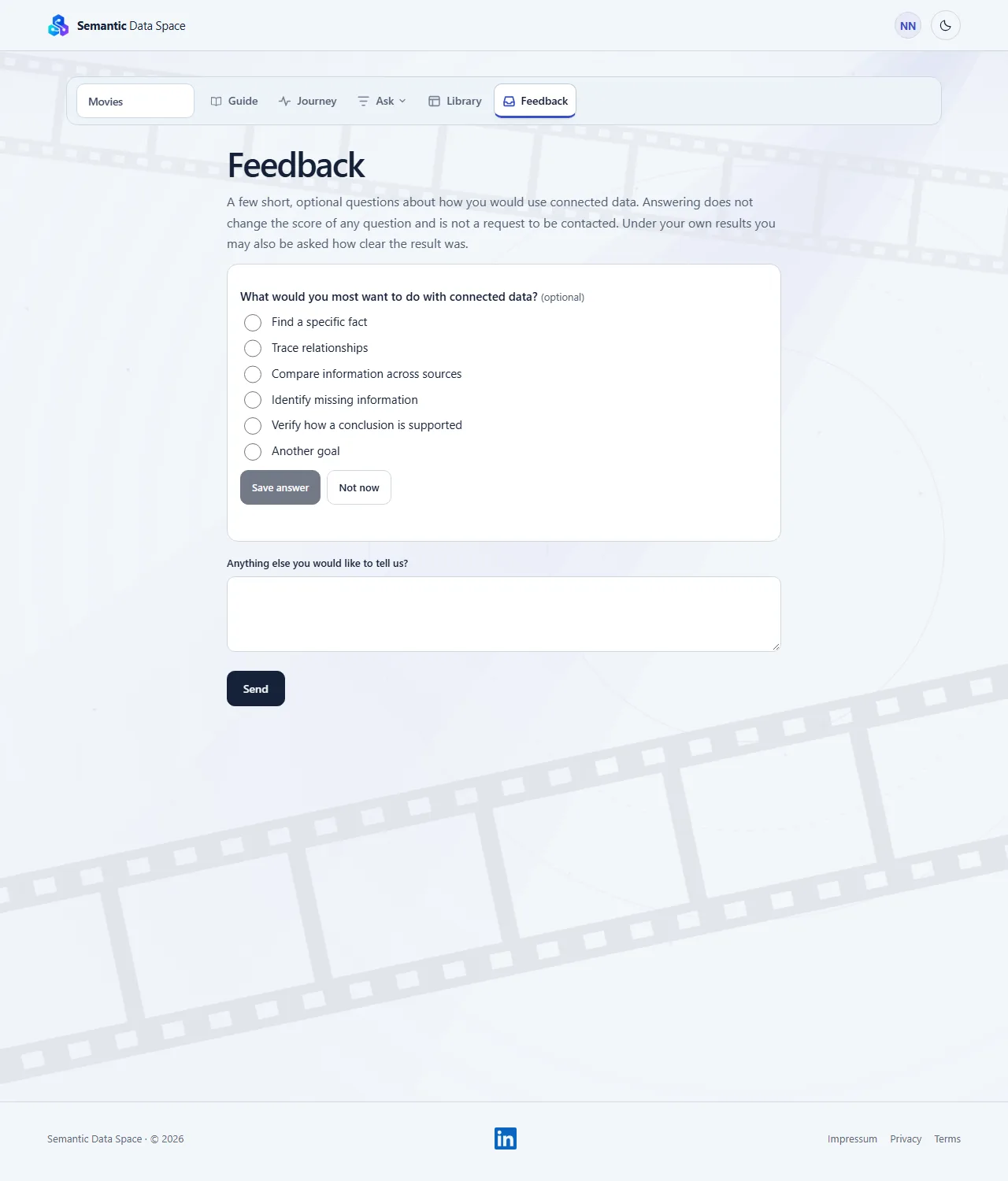 The Feedback tab: a short question with answers to choose from, one open box and Send
