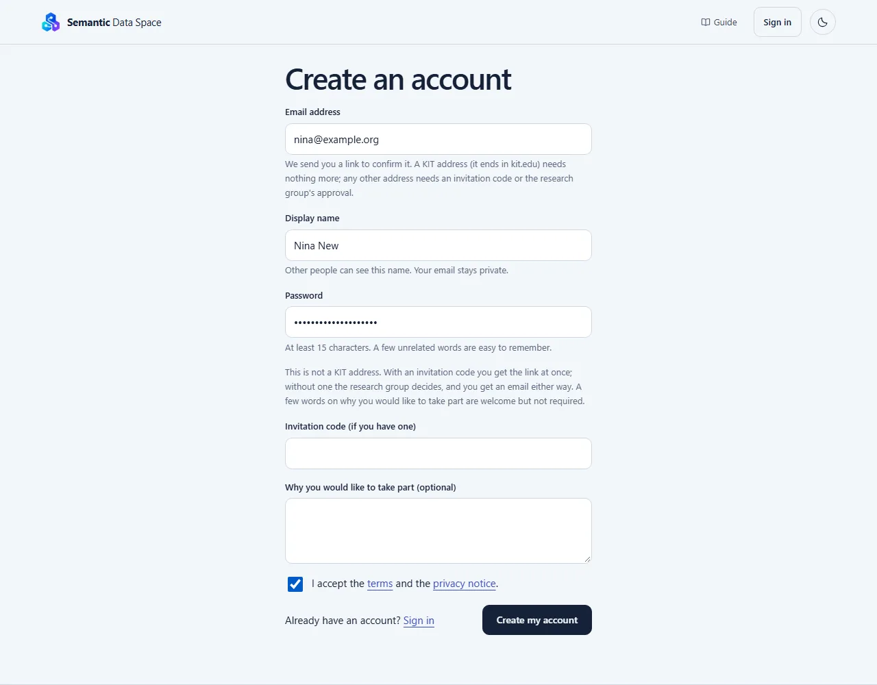 The page to create an account, filled in